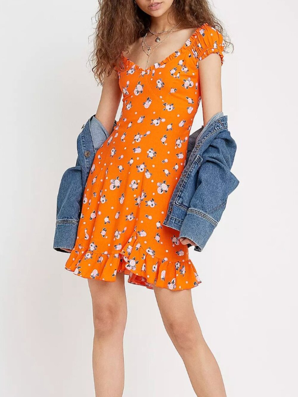 Free People Like A Lady Bright Orange Floral Ruffle Mini Dress Size Small